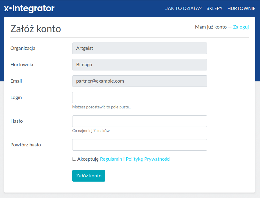 Formularz zakładania konta
